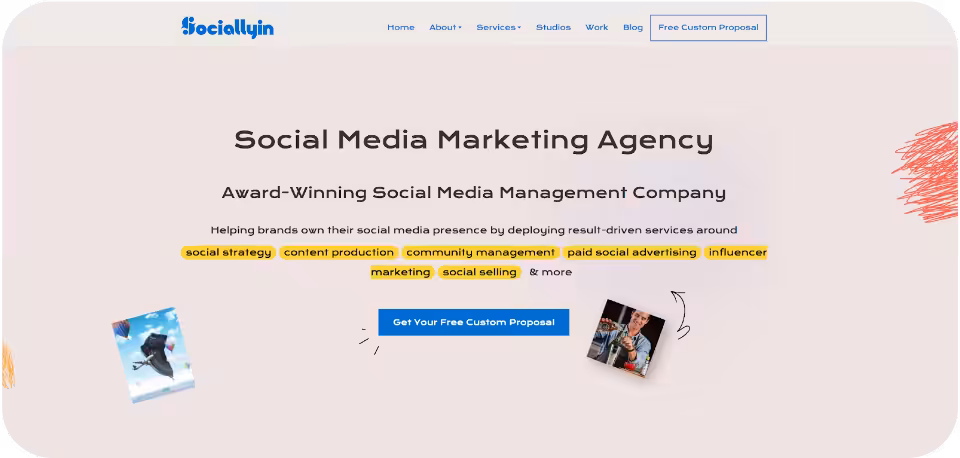 Sociallyin website homepage showcasing its expertise as an award-winning social media marketing agency, highlighting key services like social strategy, content production, community management, paid social advertising, and influencer marketing.