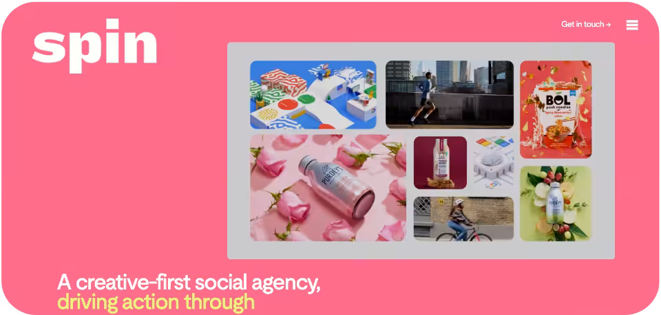 Spin Brands Agency website homepage showcasing its social media marketing services with the tagline 'A creative-first social agency,
driving action through relevance' featuring a screen displaying vibrant fruit juice visuals against a bright pink background.