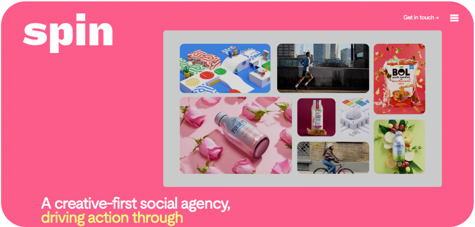 Spin Brands Agency website homepage showcasing its social media marketing services with the tagline 'A creative-first social agency,
driving action through relevance' featuring a screen displaying vibrant fruit juice visuals against a bright pink background.