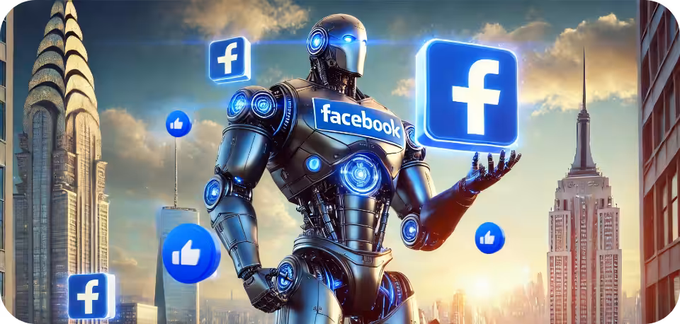 A giant futuristic robot holding a Facebook sign, set in a modern cityscape under a bright, slightly cloudy sky. The robot is sleek and metallic