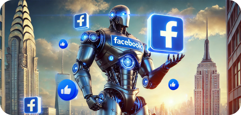 A giant futuristic robot holding a Facebook sign, set in a modern cityscape under a bright, slightly cloudy sky. The robot is sleek and metallic