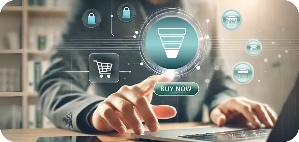 Customer making a final purchase decision by clicking a 'Buy Now' button on a laptop or smartphone, representing Bottom of Funnel (BOFU) marketing strategies focused on conversion and trust-building.