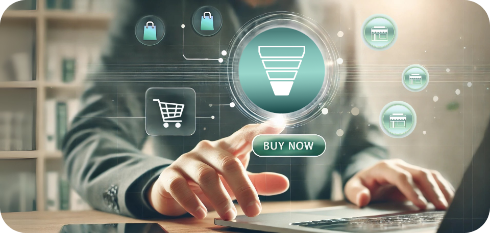 Customer making a final purchase decision by clicking a 'Buy Now' button on a laptop or smartphone, representing Bottom of Funnel (BOFU) marketing strategies focused on conversion and trust-building.