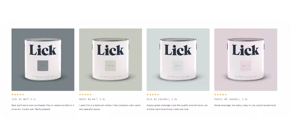 Customer reviews of Lick paint products showcasing teal, green, blue, and purple shades in matte and eggshell finishes, highlighting quality, coverage, and satisfaction.