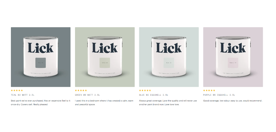 Customer reviews of Lick paint products showcasing teal, green, blue, and purple shades in matte and eggshell finishes, highlighting quality, coverage, and satisfaction.