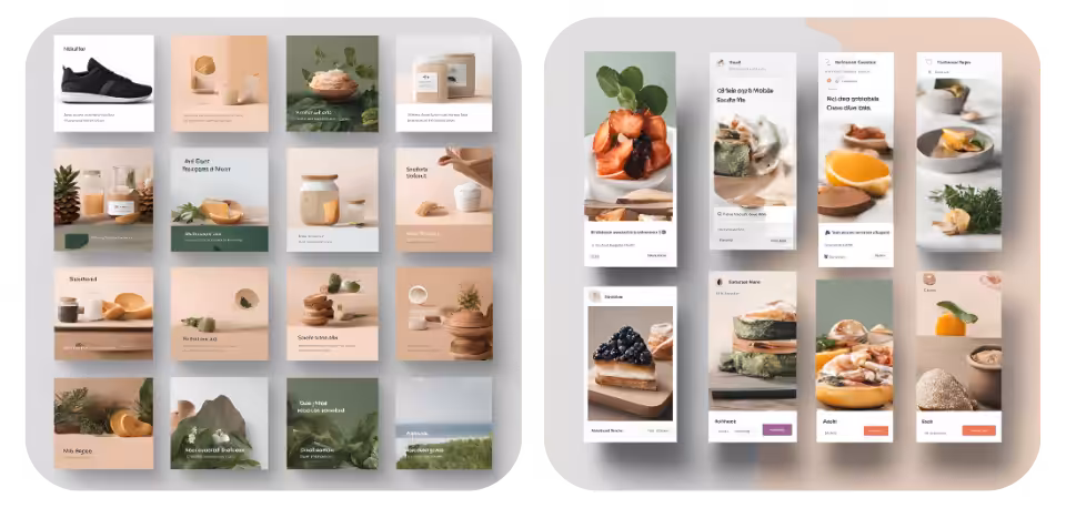Comparison of different Facebook ad formats, with a grid of product images and minimalist designs on the left, and a series of vertically-oriented, swipeable ad cards featuring food items on the right, highlighting diverse advertising styles.