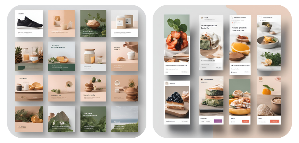 Comparison of different Facebook ad formats, with a grid of product images and minimalist designs on the left, and a series of vertically-oriented, swipeable ad cards featuring food items on the right, highlighting diverse advertising styles.
