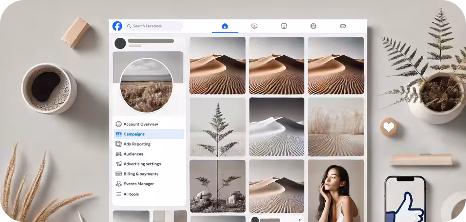 Comparison of Facebook ads performance with multiple minimalistic photos on the left and a single striking photo on the right, set against a plain background with subtle social media icons