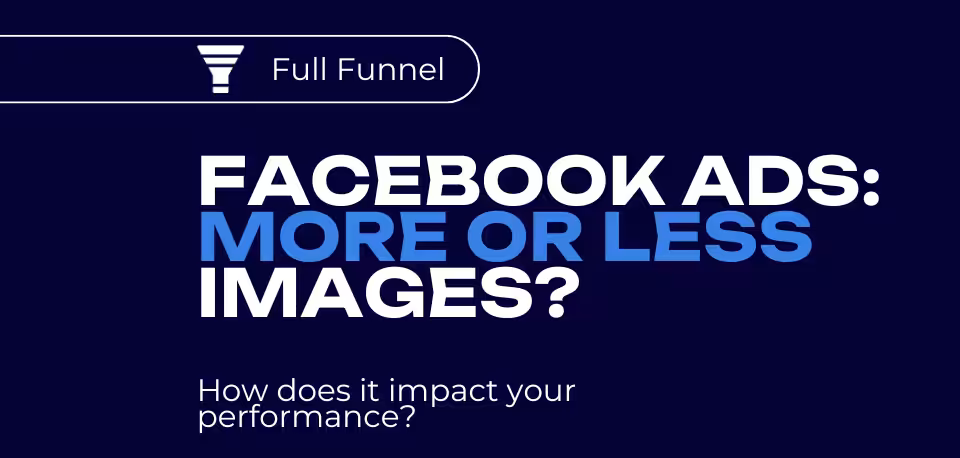 Graphic featuring the text 'Facebook Ads: More or Less Images? How does it impact your performance?' with a full funnel icon, discussing the impact of image quantity on Facebook ad performance