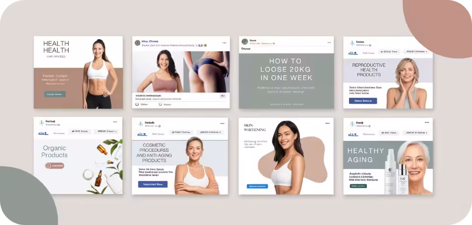 Collage of ads illustrating Meta's Health and Wellness Advertising restrictions, featuring examples of weight loss and body image ads, cosmetic procedures and anti-aging product promotions, and organic health products, highlighting compliance challenges with Meta's ad policies.