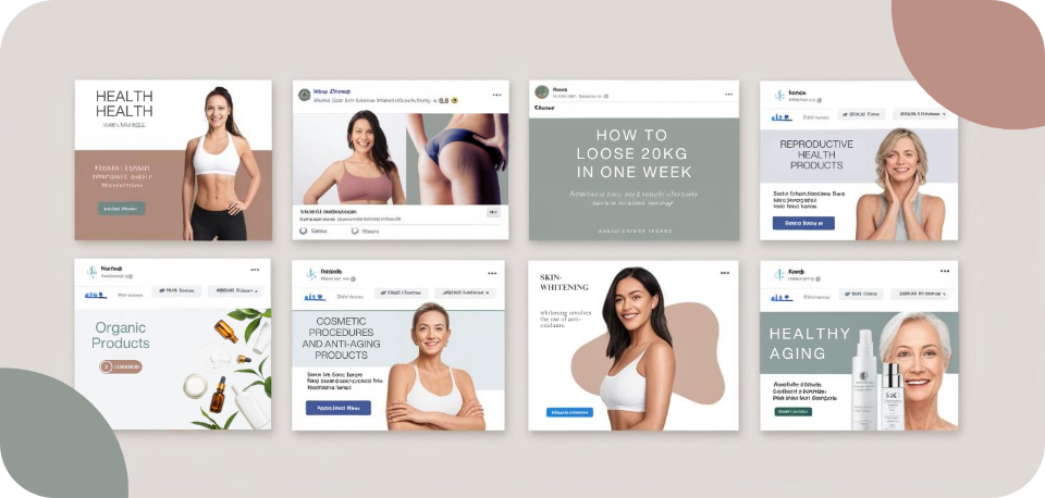 Collage of ads illustrating Meta's Health and Wellness Advertising restrictions, featuring examples of weight loss and body image ads, cosmetic procedures and anti-aging product promotions, and organic health products, highlighting compliance challenges with Meta's ad policies.