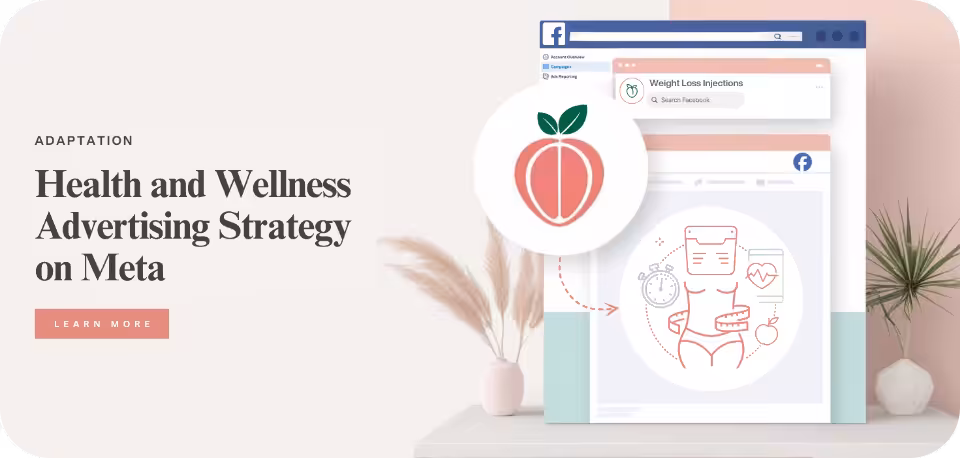 Modern illustration depicting Meta’s Health and Wellness Advertising Strategy, featuring a Facebook ad interface, a weight loss injection ad example, and icons representing health, fitness, and wellness concepts, set against a minimalistic background with soft pastel tones.