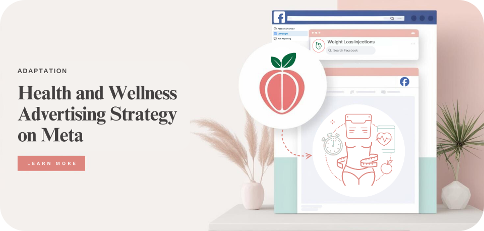 Modern illustration depicting Meta’s Health and Wellness Advertising Strategy, featuring a Facebook ad interface, a weight loss injection ad example, and icons representing health, fitness, and wellness concepts, set against a minimalistic background with soft pastel tones.