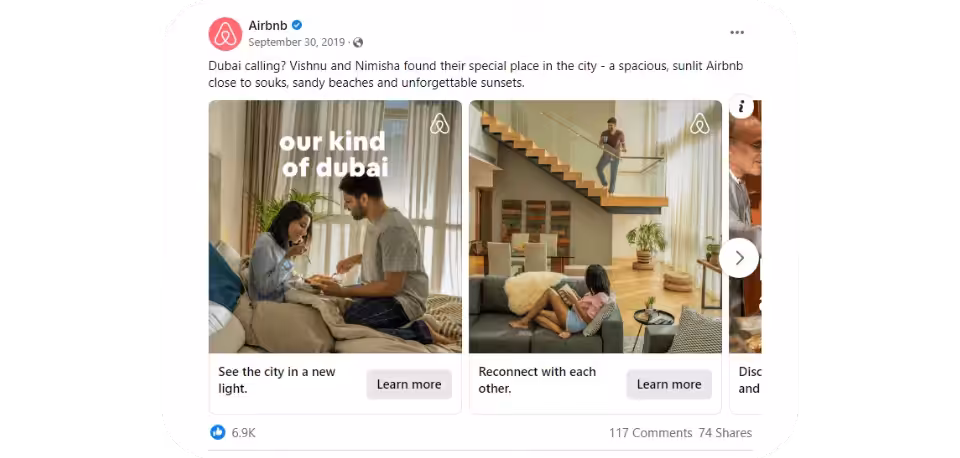 Airbnb social media ad promoting Dubai stays, featuring a couple enjoying a cozy apartment and a modern Airbnb rental with warm interiors, targeting travel enthusiasts.