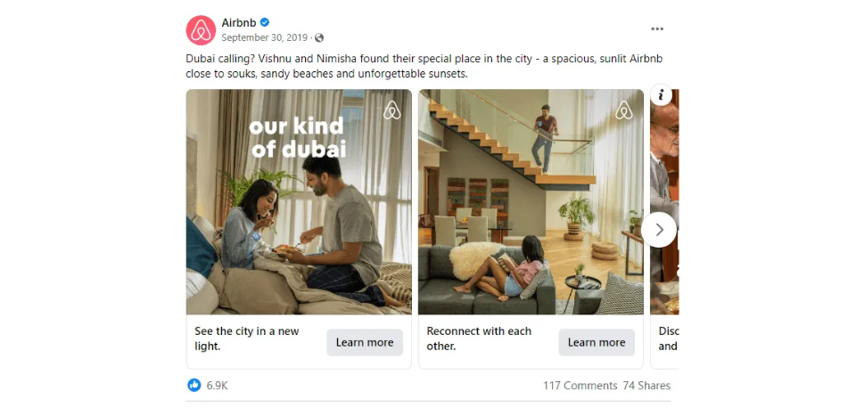 Airbnb social media ad promoting Dubai stays, featuring a couple enjoying a cozy apartment and a modern Airbnb rental with warm interiors, targeting travel enthusiasts.