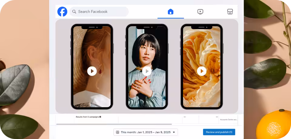 Facebook interface displaying three video ads on mobile screens, featuring diverse content including a close-up of a woman, a portrait, and a floral image, illustrating the use of video ads on Facebook