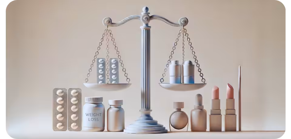 A contemporary illustration showcasing the balance of justice, with weight-loss pills on one side and cosmetic products on the other, reflecting on the delicate distinction regarding the ethical promotion of these items on Meta.