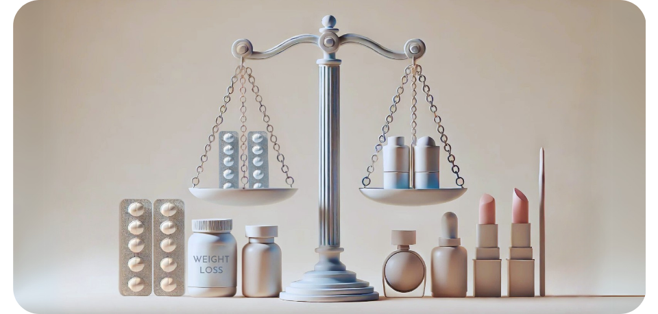A contemporary illustration showcasing the balance of justice, with weight-loss pills on one side and cosmetic products on the other, reflecting on the delicate distinction regarding the ethical promotion of these items on Meta.