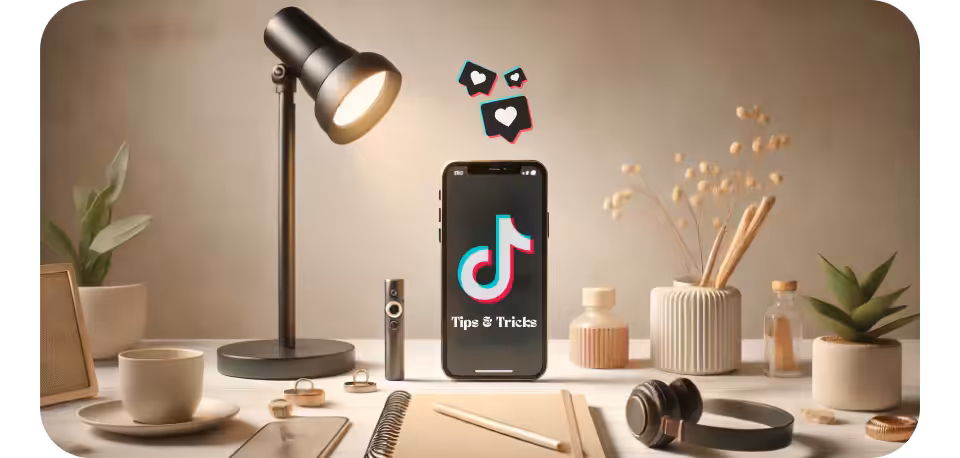 Minimalist horizontal photograph illustrating TikTok tips and tricks, featuring a modern workspace with a smartphone displaying the TikTok interface, surrounded by creative elements symbolising social media growth and engagement.