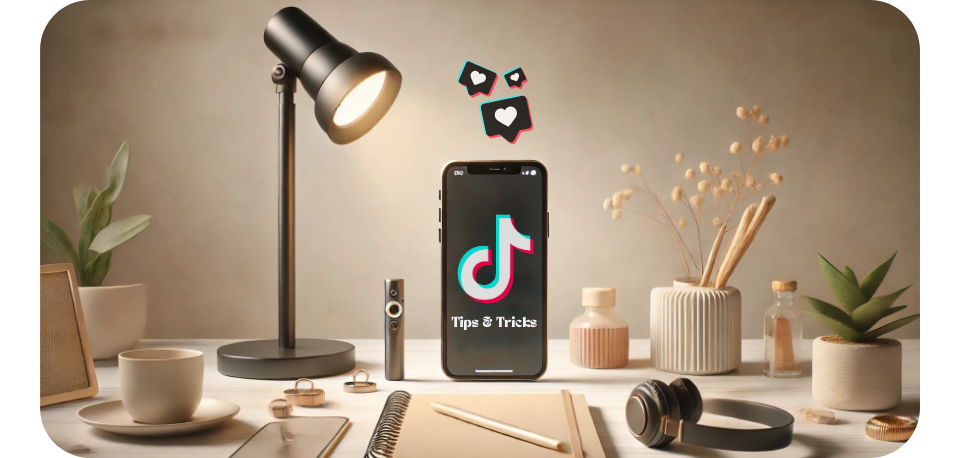 Minimalist horizontal photograph illustrating TikTok tips and tricks, featuring a modern workspace with a smartphone displaying the TikTok interface, surrounded by creative elements symbolising social media growth and engagement.